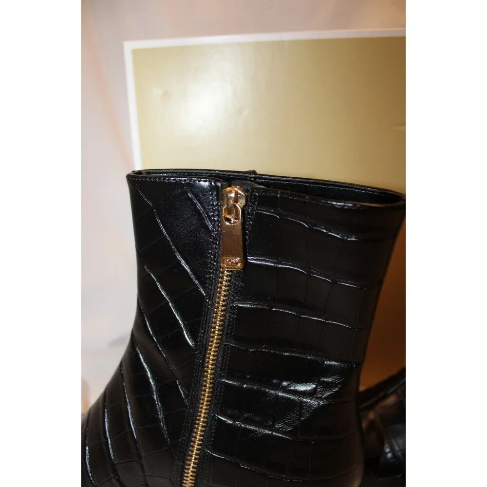 Michael Kors $175 Cosmo Croc-Embossed Bootie Kitten Heels Boots Black NIB 8.5
